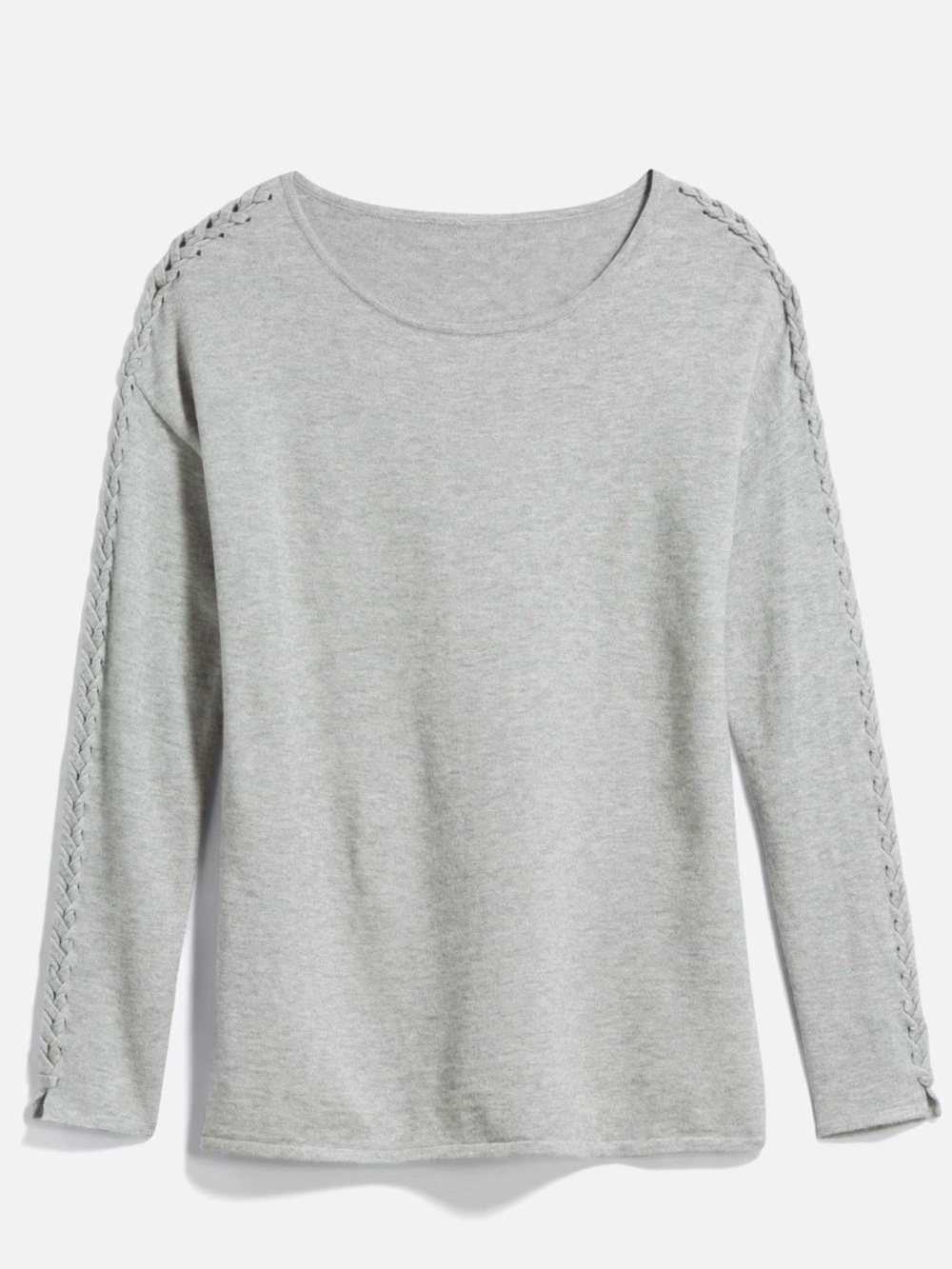 Colour Works Women's Light Gray Crewneck Sweater with Braid Sleeve Detail